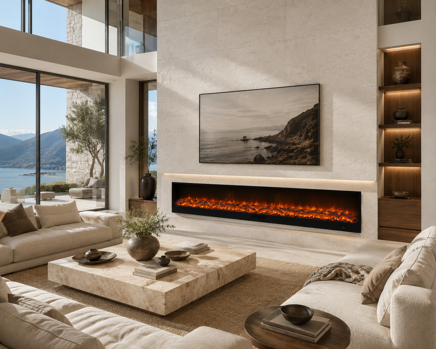 Built-in fireplace in a minimal interior
