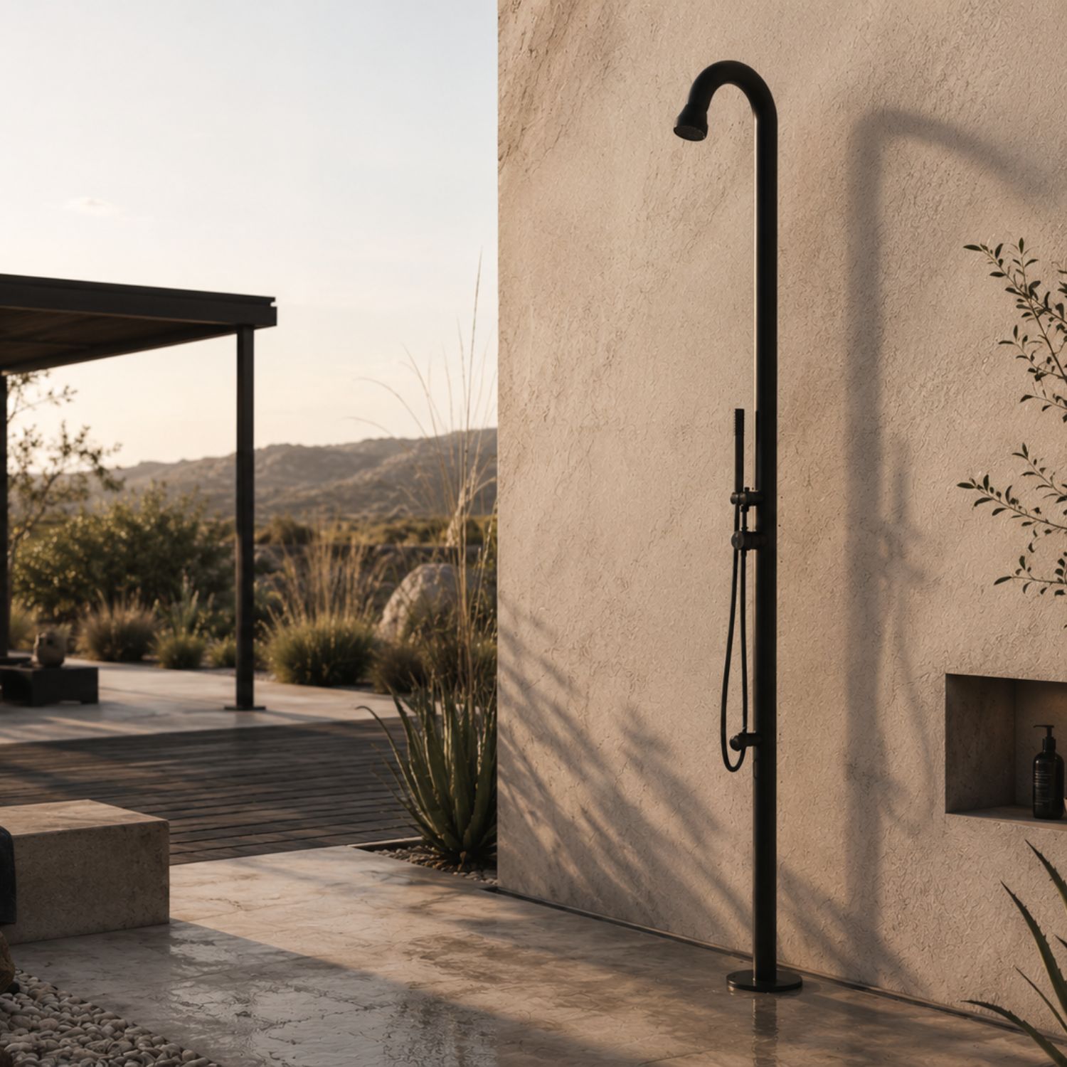 Black Bosa outdoor shower with hand shower and footwash