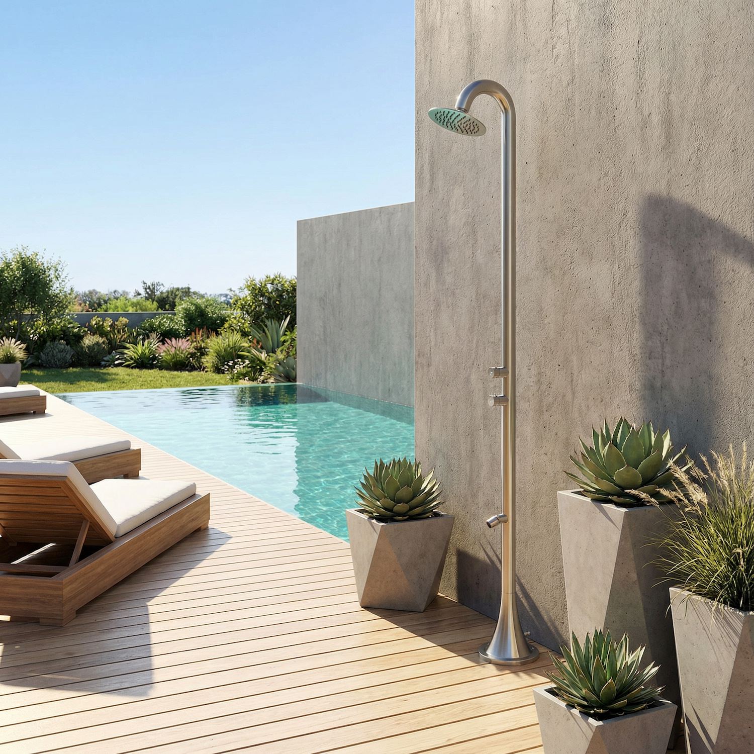 SINED Quartu outdoor shower installed beside a swimming pool
