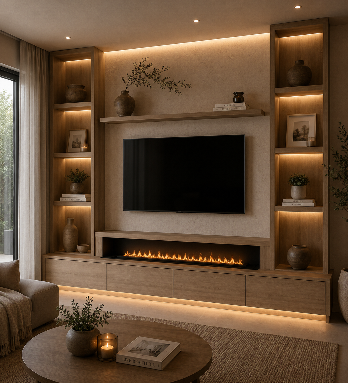 Bespoke wall furniture with integrated electric fireplace