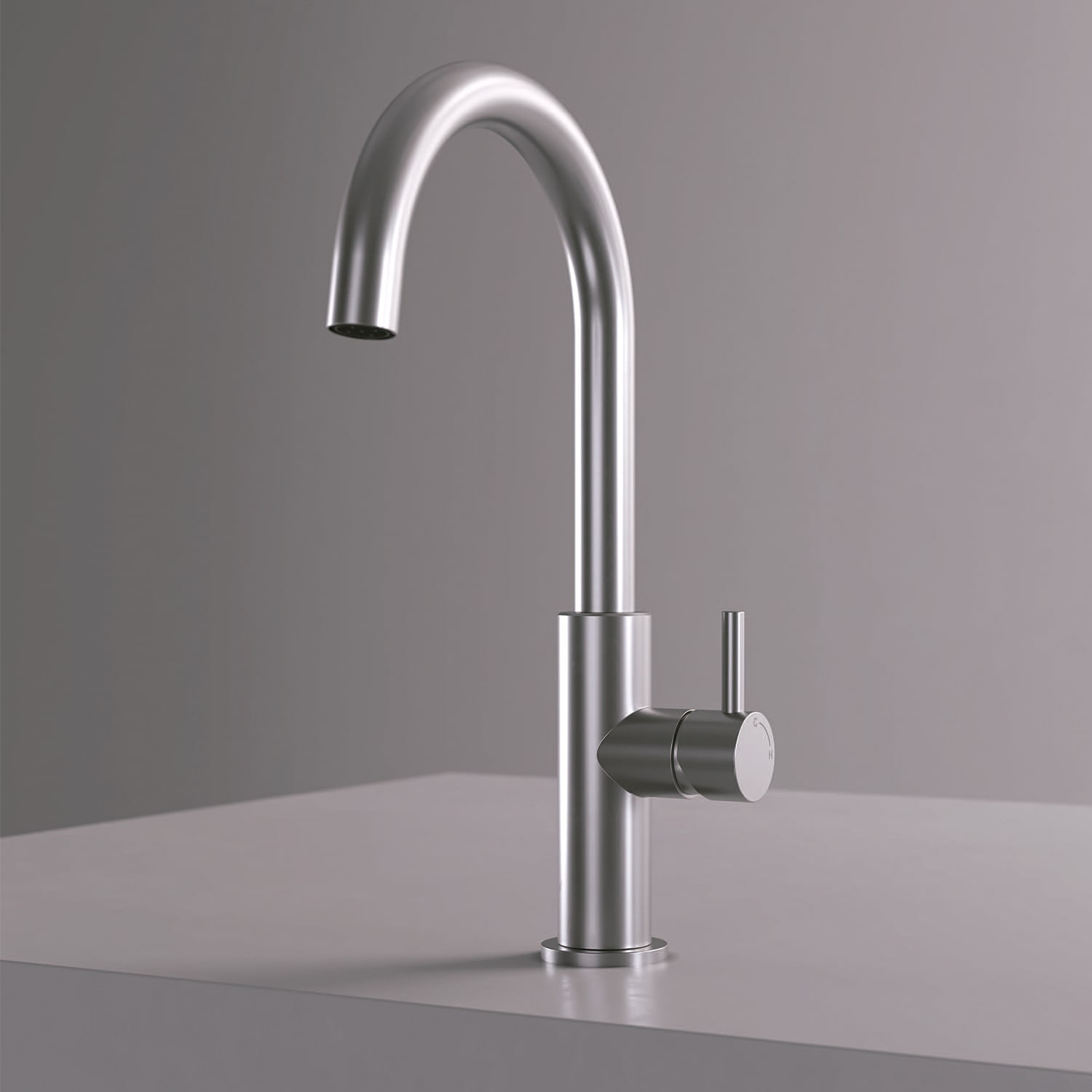 Close-up of a brushed stainless-steel tap